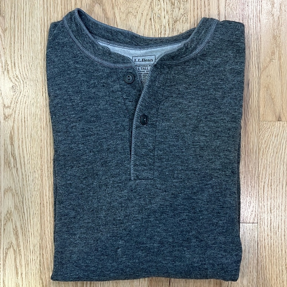 LL Bean Henley 2 Button Cotton Wool Blend Gray Shirt Men’s Size LargeTall LT